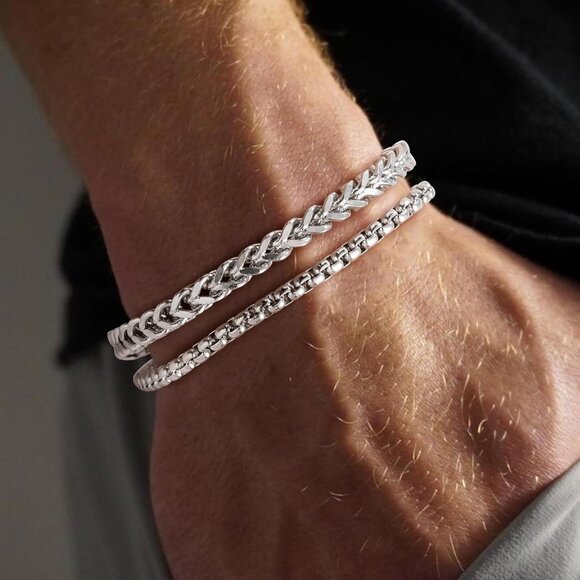 2Pcs Silver Cuban Link Bracelets for Men Stainless Steel Adjustable Non Tarnish - Picture 7 of 7